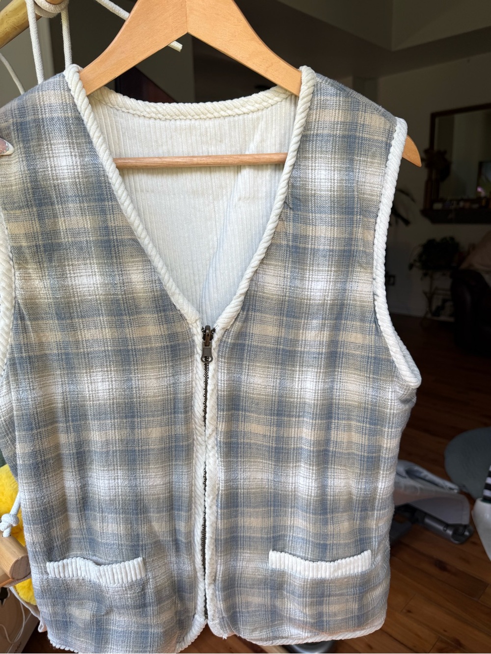 Plaid Quilted Zip Front Vest in Soft Blue and Cream